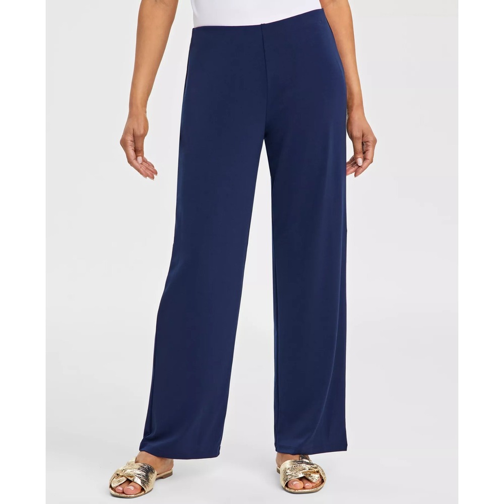 JM Collection Petite Womens PM Medium Stretch Knit Wide-Leg Pull-On Pants Blue
